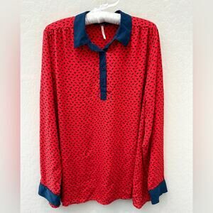 FREE PEOPLE Red Blue Novelty Print Blouse Long Sleeve Collared Top | Size Large